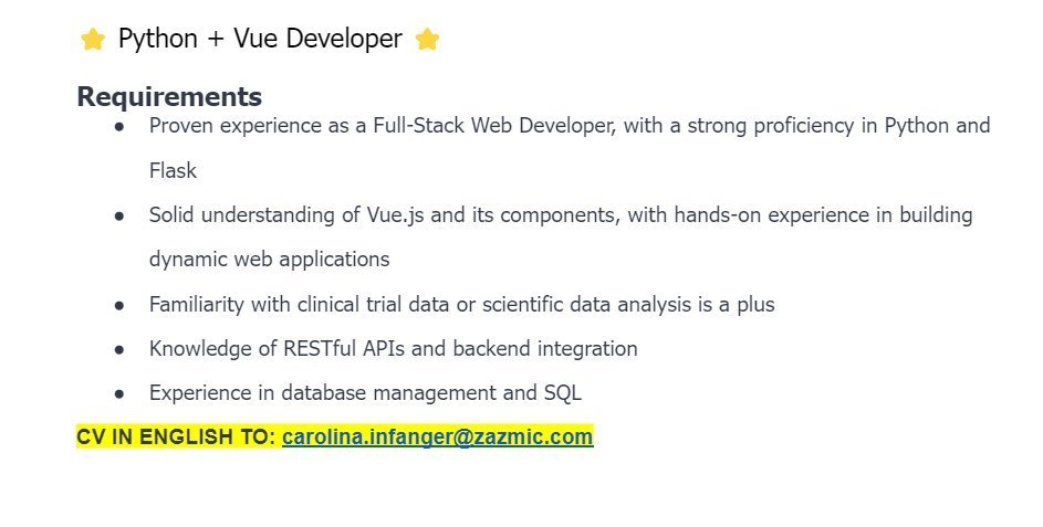 tech_infanger's tweet photo. @ViUmaVaga @vagasdetec Full-Stack developer (Python+Vue)   

Para todas as vagas é necessário ter inglês!            

CV em Inglês e APENAS POR E-MAIL carolina.infanger@zazmic.com

#bolhadev @ViUmaVaga @vagasdetec https://t.co/qriBG6uv7o