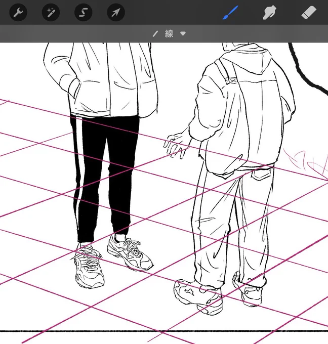 靴も服も似合うね君たち👟✌️
背景もパースも分かんないから勘と気合いで描いてる!押忍! 