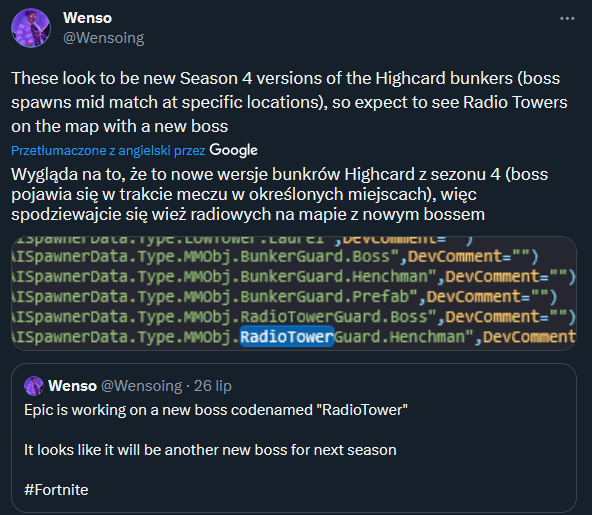 Na zwiastunie współpracy Fortnite x Jujutsu Kaisen, w tle za Mega City widać wieżę radiową, której obecnie nie ma na mapie.

A jakiś czas temu dowiedzieliśmy się, że w 4 sezonie pojawią się nowi bossowie, którzy będą patrolowali właśnie w wieżach radiowych👀