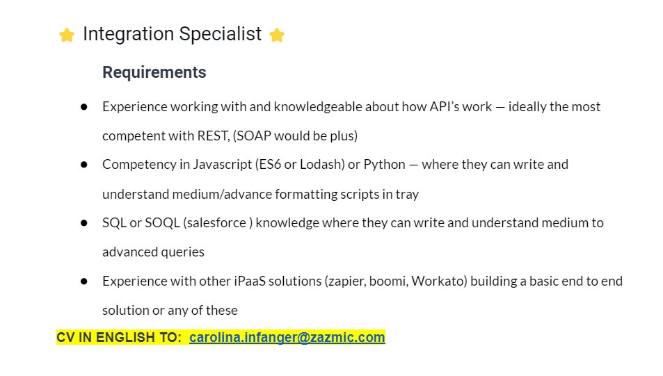 tech_infanger's tweet photo. @ViUmaVaga @vagasdetec Integration Specialist 

Para todas as vagas é necessário ter inglês!          

CV em Inglês e APENAS POR E-MAIL: carolina.infanger@zazmic.com       

#bolhadev @ViUmaVaga @vagadetec https://t.co/F7p68ZrpaH