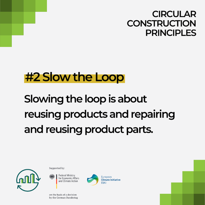 Continuing our series on circular construction principles: #2 Slow the Loop! ⏳🔁 

Key strategies to slow the loop in building:
1. Modernizing and renovating existing buildings
2. Adopting modular and flexible designs
3. Implementing maintenance and repair strategies