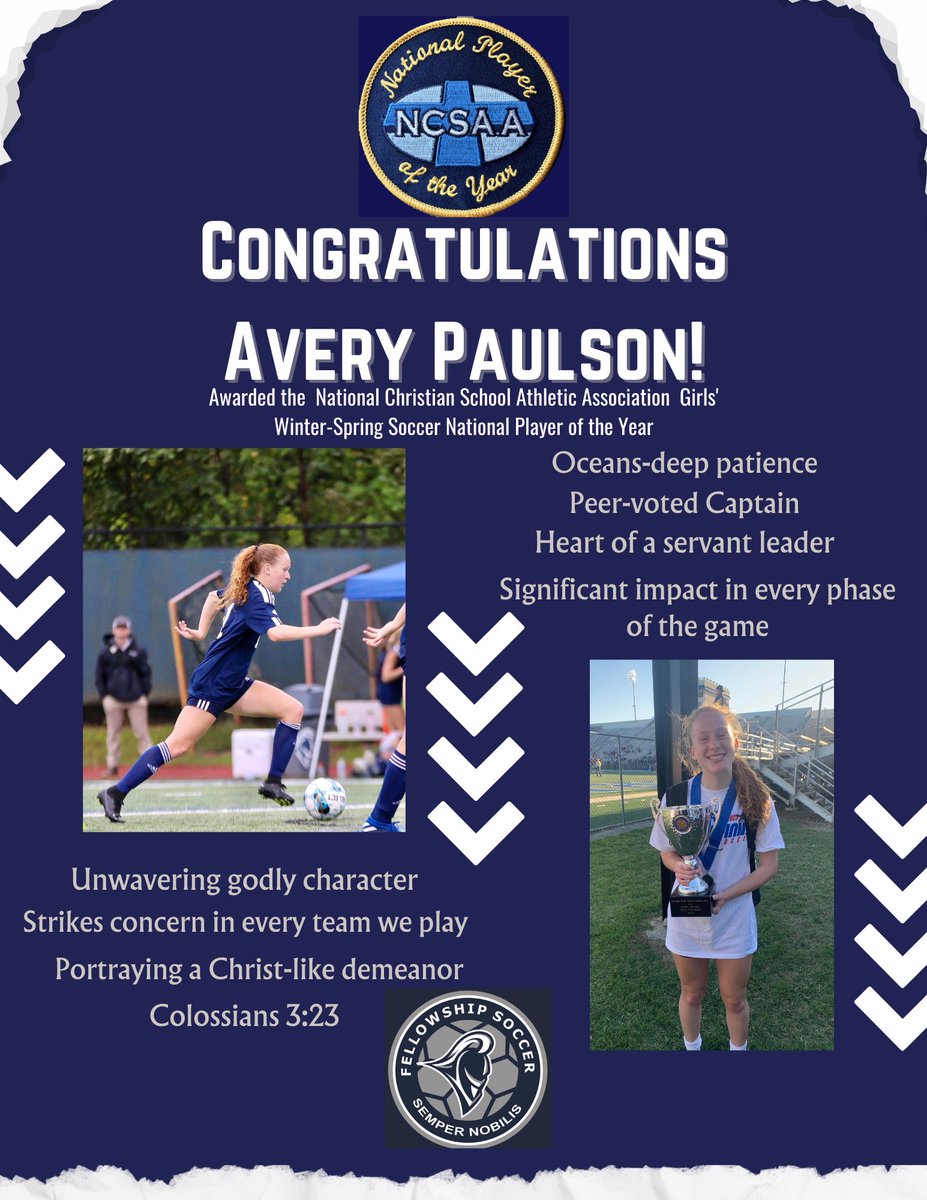 PaladinsFCS's tweet photo. Congratulations Avery Paulson (@avery65soccer) on her recent selection as the Girls Soccer National Player of the Year by the National Christian School Athletic Association (#NCSAA) 

#GoFCSPaladins @FellowshipCS @FCS_Recruiting #HardWorkWorks #CharacterMatters #StudentAthlete https://t.co/Rcn1pEBb6E