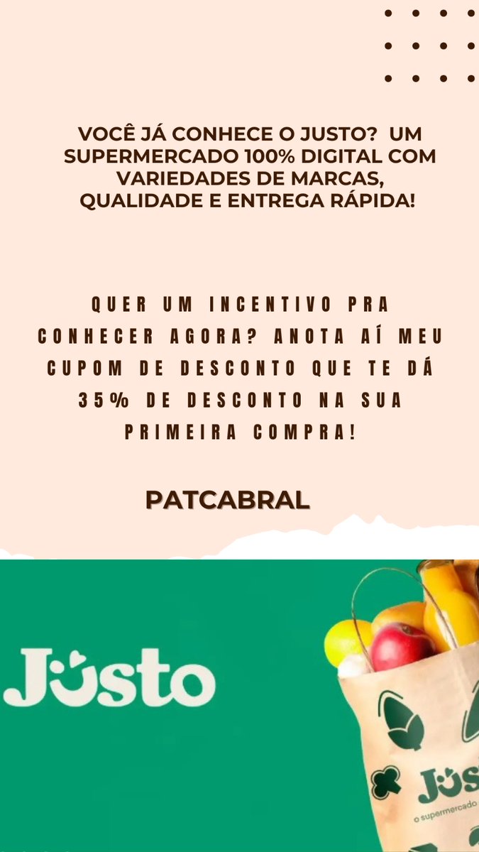 falandodebeleza's tweet photo. Já conhece o supermercado Justo?

Que tal uma oportunidade pra conhecer um supermercado 100 % digital com um super #CupomDeDesconto de 35%,  basta digitar no campo cupom→ PATCABRAL para usufruir desse incentivo e que ainda por cima vai te poupar das idas as compras! https://t.co/zkVigQHJjk
