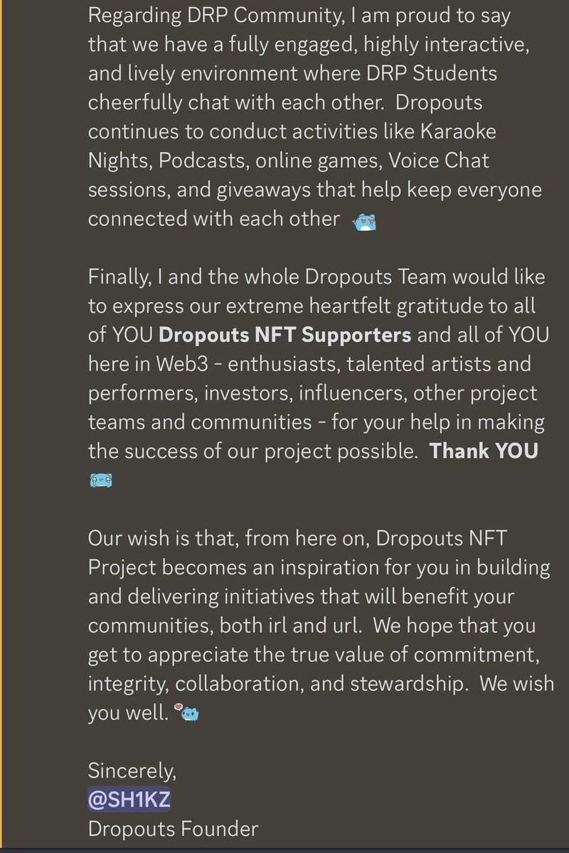 Dropouts_xyz's tweet photo. An Open Love Letter from @Dropouts_xyz Founder @SH1KZZZ 🖤💛

Read the whole message in the #DropoutsNFT server:  https://t.co/CSYdjbqKa0 

Thank YOU so much, Dropouts NFT Supporters 💛🖤💛

#StudyWell #SpreadLove https://t.co/a4k3HXd7Dk