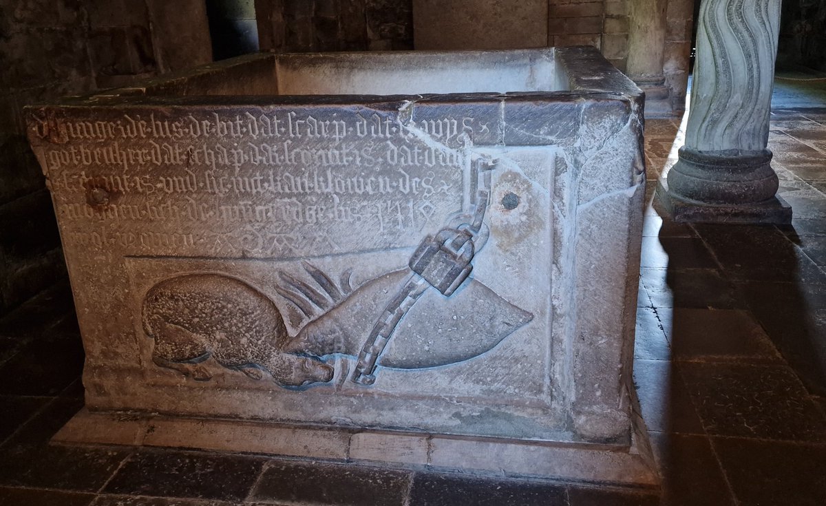 Giant flea, happily chained up, in the crypt of Lund Cathedral