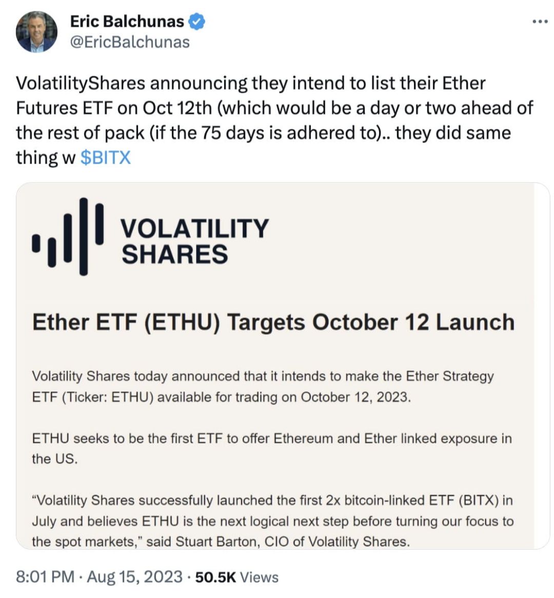 swain_asit's tweet photo. #VolatilityShares Plans to List #Ethereum #FuturesETF on October 12, #Bloomberg Analyst Says.π§π€ https://t.co/Uj7Q0pfhsV