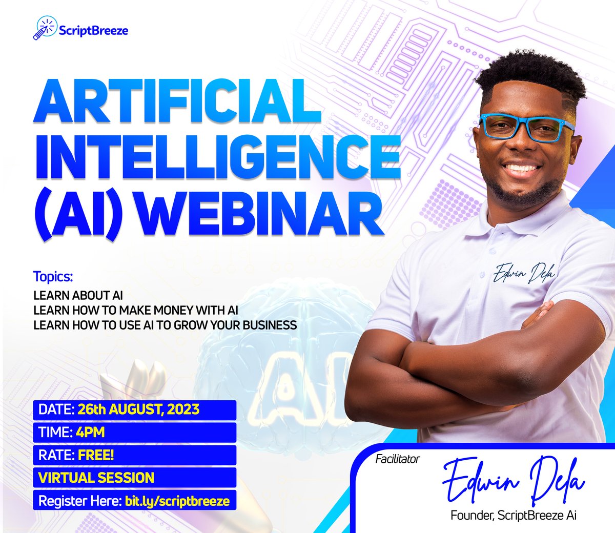 ScriptBreeze's tweet image. 🚀 Unleash the Future with ScriptBreeze Ai! Join Our Exclusive Webinar on August 26th at 4PM (GMT) 🚀

🎯 Unlock AI's Power: ScriptBreeze Ai Webinar 🎯
🌟 Learn AI's Basics &amp;amp; Income Opportunities
🚨 Limited Seats – Secure Yours Now: bit.ly/scriptbreeze

#ScriptBreeze