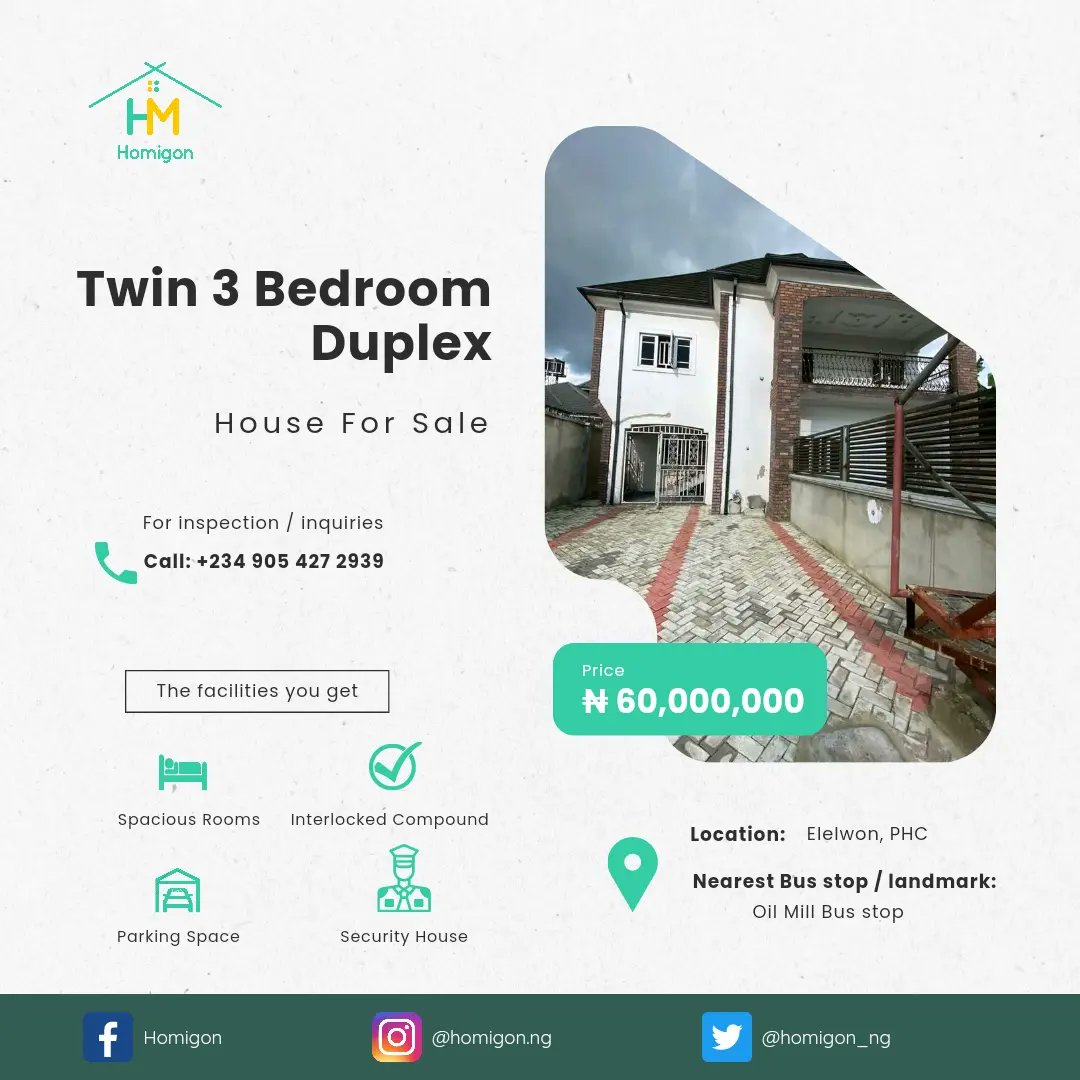 Homigon_ng's tweet photo. NEWLY BUILT TWIN 3 BEDROOM DUPLEX FOR SALE
Location: Elelenwo, Port Harcourt 🇳🇬
Price: 60Million Naira (for both units)
Live in one unit and earn passive income by renting the other unit.
Features:
✅ Security house ✅ Interlock compound ✅ Spacious rooms ✅ All rooms en-suite https://t.co/jcvcAwyQpL