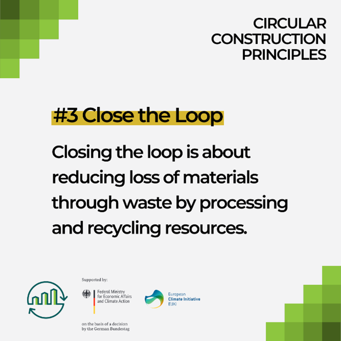 #3 Close the Loop on Waste!🔁 
Building sustainably means minimizing material losses through waste and maximizing resource recovery.💚
Strategies to close the loop in building:
1. Efficient waste management practices
2. Design for resource recovery
3. Promote circular procurement