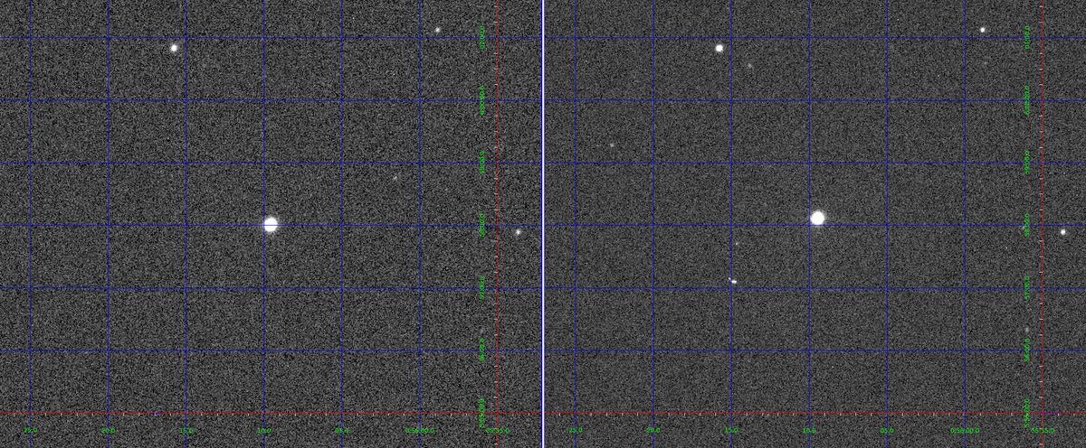 More data for the new Astro lab: Asteroid Amphitrite observed about one hour apart. Clearly moving - we observed it at the point of its slowest possible apparent motion. Task: Measure it's apparent motion on the sky.