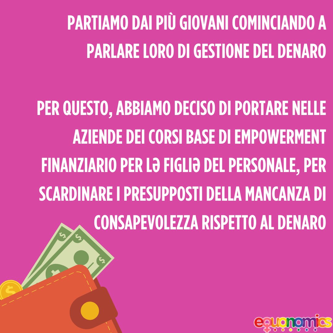 L’educazione finanziaria non ha età…

Per questo, abbiamo deciso di portare nelle aziende dei corsi base di empowerment finanziario per lə figliə del personale, per scardinare i presupposti della mancanza di consapevolezza rispetto al denaro!

#Equonomics 
#genderequality
