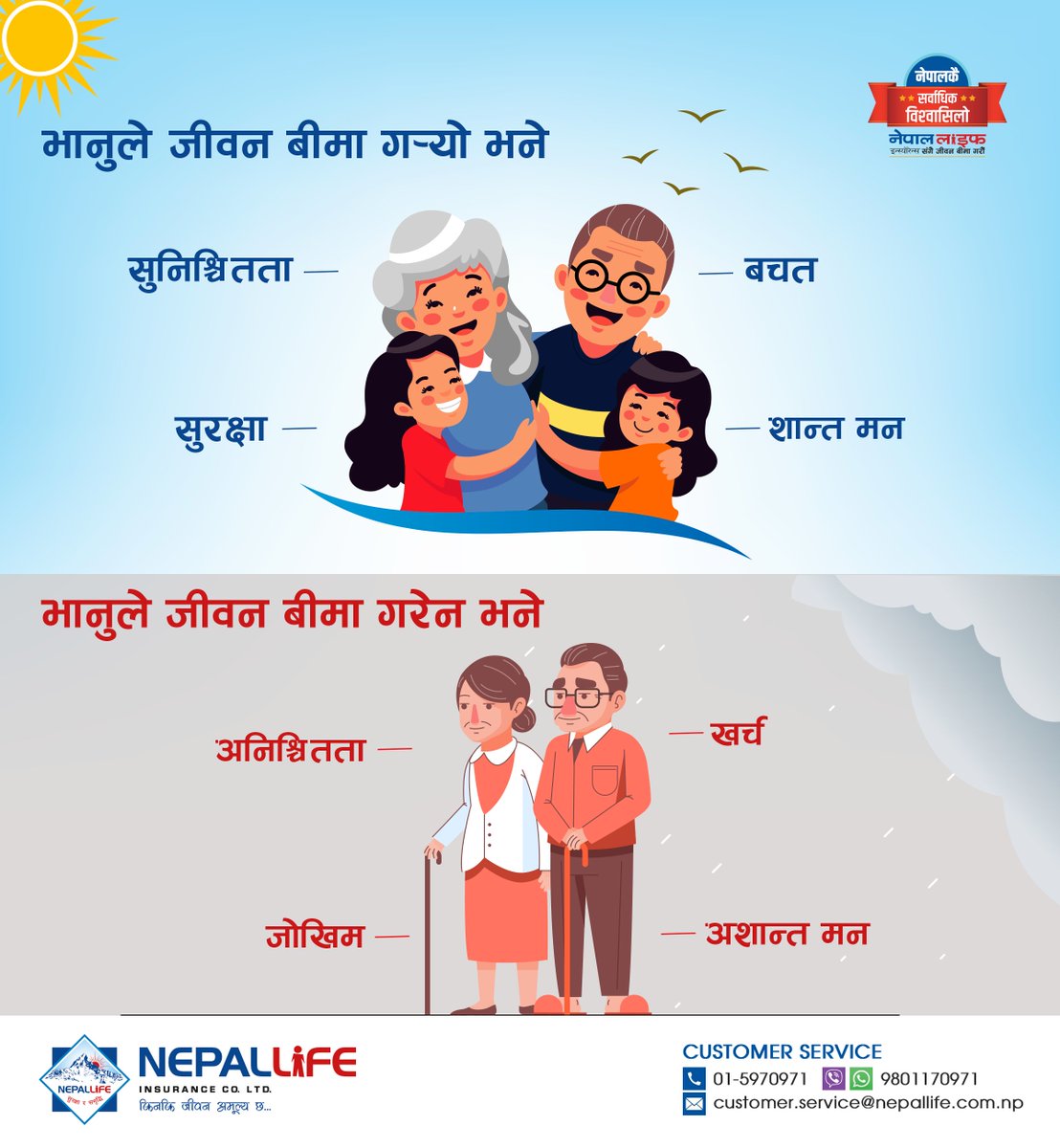 nepallifetweets's tweet photo. तपाईंको भविष्य तपाईंकै हातमा हुन्छ !
भोलिलाई सुरक्षित बनाउनका लागि आज सही निर्णय लिनुहोस् । समय छँदै जीवन बीमा गर्नुहोस् !
#NepalLifeInsurance #nepallife #whylifeinsurance #jeevenbeema https://t.co/MRWpPZk7kG
