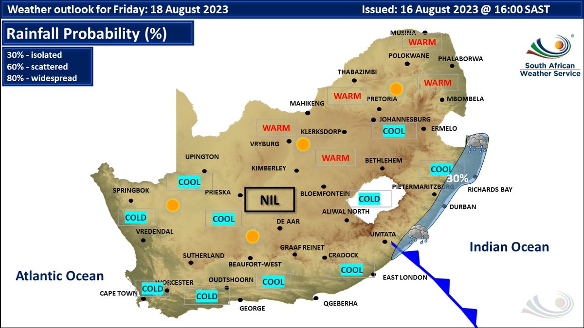SAWeatherServic's tweet photo. Weather outlook for Friday, 18-08-2023. Isolated showers are expected along the east coast, otherwise, fine and warm to cool conditions are expected. https://t.co/ZcC3JTIXeC
