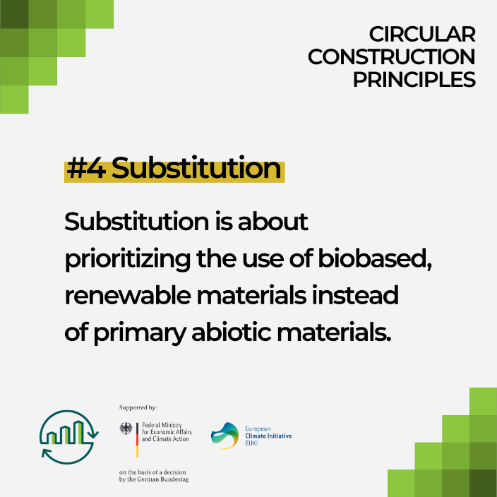 #4 Substitution for Sustainability!🌿 
Using biobased renewable materials over primary abiotic materials is a key strategy for sustainable building.
Substitution in construction involves replacing traditional materials (concrete, plastic) with biobased and renewable alternatives.