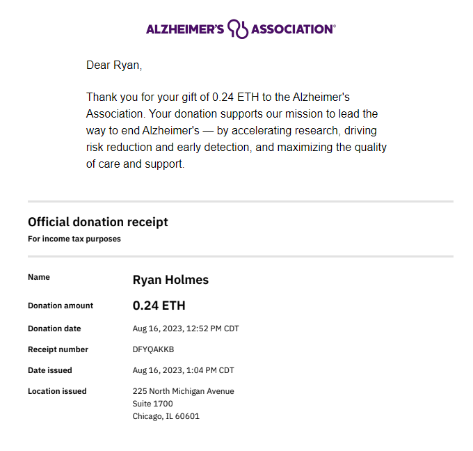We made yet another donation to help end Alzheimer's Disease. 

Since our last donation we have accumulated 
3560 MATIC.
20% of 3560 MATIC = 712 MATIC
712 MATIC x $0.62 = $441.44 USD
$441.44 USD = .24 ETH

Donated .24 ETH to the cause.
Total donated $5,289 USD or 2.45 ETH.