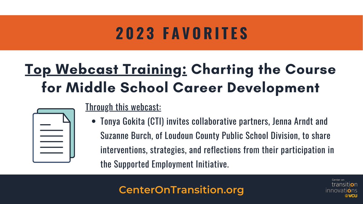 VCU_CTI's tweet photo. 📚 With school back in session for many students, it might be timely to share that our top webcast of the year is about Charting the Course for Middle School Career Development.

Check it out here if you've missed it: https://t.co/fqAdgaQTNI https://t.co/DBtjY0DTc8