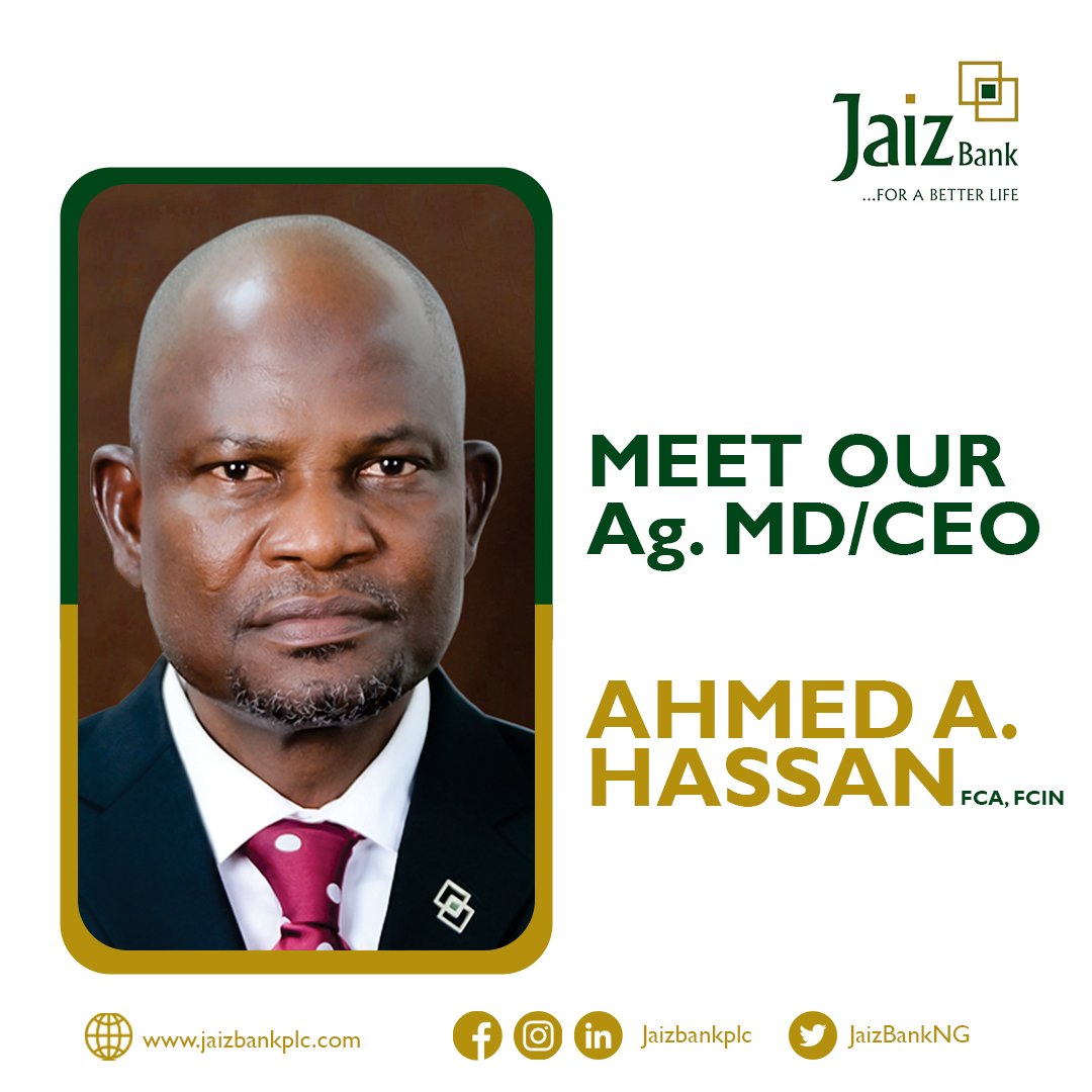 JaizBankNG's tweet photo. JAIZ BANK APPOINTS AHMED HASSAN ACTING MD/CEO
The Board of Jaiz Bank Plc, Nigeria’s pioneer Non-Interest Bank has approved the appointment of Ahmed Alhaji Hassan as the Ag. Managing Director and Chief Executive Officer (MD/CEO) of the Bank.
This development followed the exit of https://t.co/zacxIVtjhX