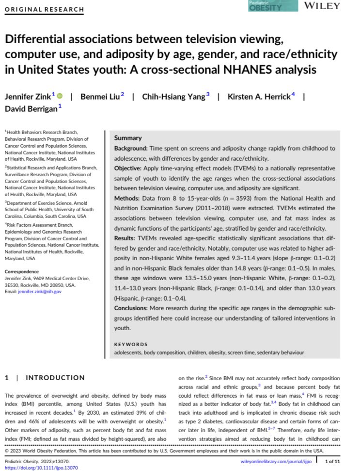 My first postdoc paper is officially out 🎉 

We used time-varying effect models (TVEM) to pinpoint the age ranges when screen time relates to body fat in NHANES 

Interested in applying TVEM to NHANES? We provide sample code so you can account for its complex sampling design ✅