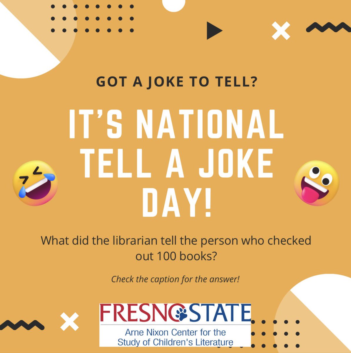 Today is #NationalTellAJokeDay, which is the perfect idea to share some laughs with all of your loved ones! Do you know the answer to our library joke?👀 Let us know if you have any dad jokes down below in the comments!😄

Answer to our library joke:
“Don’t overdue it.”