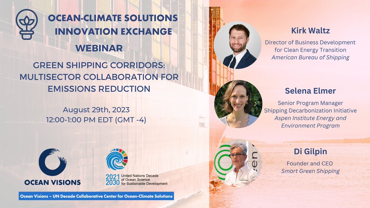 Register now for our next Ocean-Climate Solutions Innovation Exchange webinar! Join Kirk Waltz (@ABSeagle), Selena Elmer (@AIEnvironment) and Di Gilpin (@smartgreenship) on August 29 for a discussion on #greenshipping corridors. bit.ly/3QYVfbl 🚢
#climatesolutions