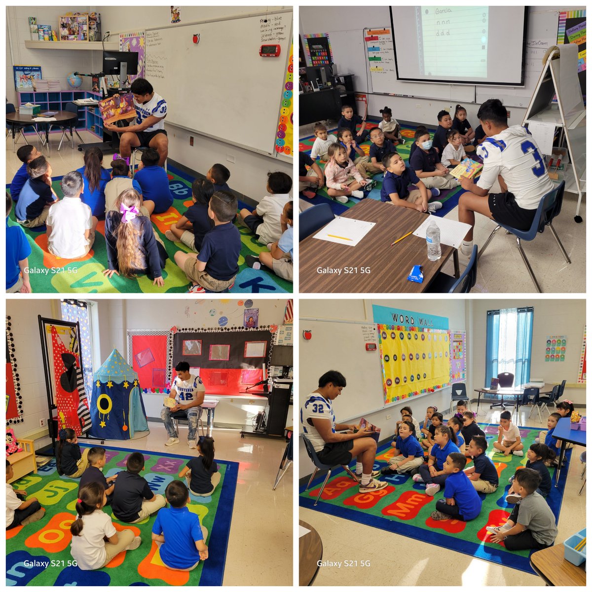 Coach_POrtega's tweet photo. Our @EISDMemorialHS @EISDofSA Senior Football Players had a blast visiting and reading to @HBGElementary students in both English and Spanish. Shout out to Francisco Ontiveros, Jordan Ortega, & Rey Villanueva for their leadership. #RememberThe55 #PlayToWin #ThinkPlayWinBig #FAM https://t.co/LDgR6f4SuL