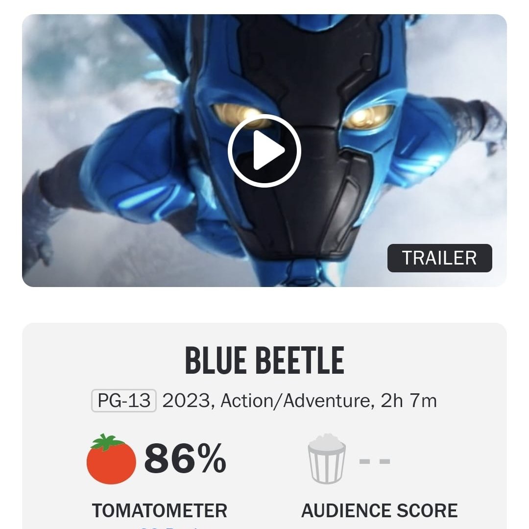 🍅 #BlueBeetle debuta com 86% de aprovação no Rotten Tomatoes.
