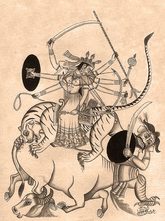 ਕਰਮ ਪ੍ਰਣਾਸਣਿ ਚੰਦ ਪ੍ਰਕਾਸਣਿ ਸੂਰਜ ਪ੍ਰਤੇਜਣਿ ਅਸਟ ਭੁਜੇ ॥
karam pranaasan cha(n)dh prakaasan sooraj pratejan asaTabhuje ||
O the Goddess of eight long arms! Thou art the destroyer of sinful actions with moonlike light and sunlike Glory.

ਜੈ ਜੈ ਹੋਸੀ ਮਹਿਖਾਸੁਰ ਮਰਦਨ ਭਰਮ ਬਿਨਾਸਨ ਧਰਮ ਧੁਜੇ