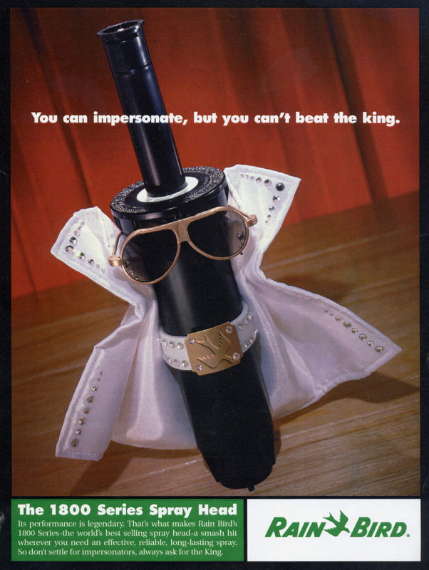 RainBirdCorp's tweet photo. We couldn't let #ElvisDay pass us by without sharing this old ad from many years ago. You can impersonate, but you can't beat the king. 👑 #RainBirdSince1933 #90YearsAndCounting https://t.co/PaVrOFW01n