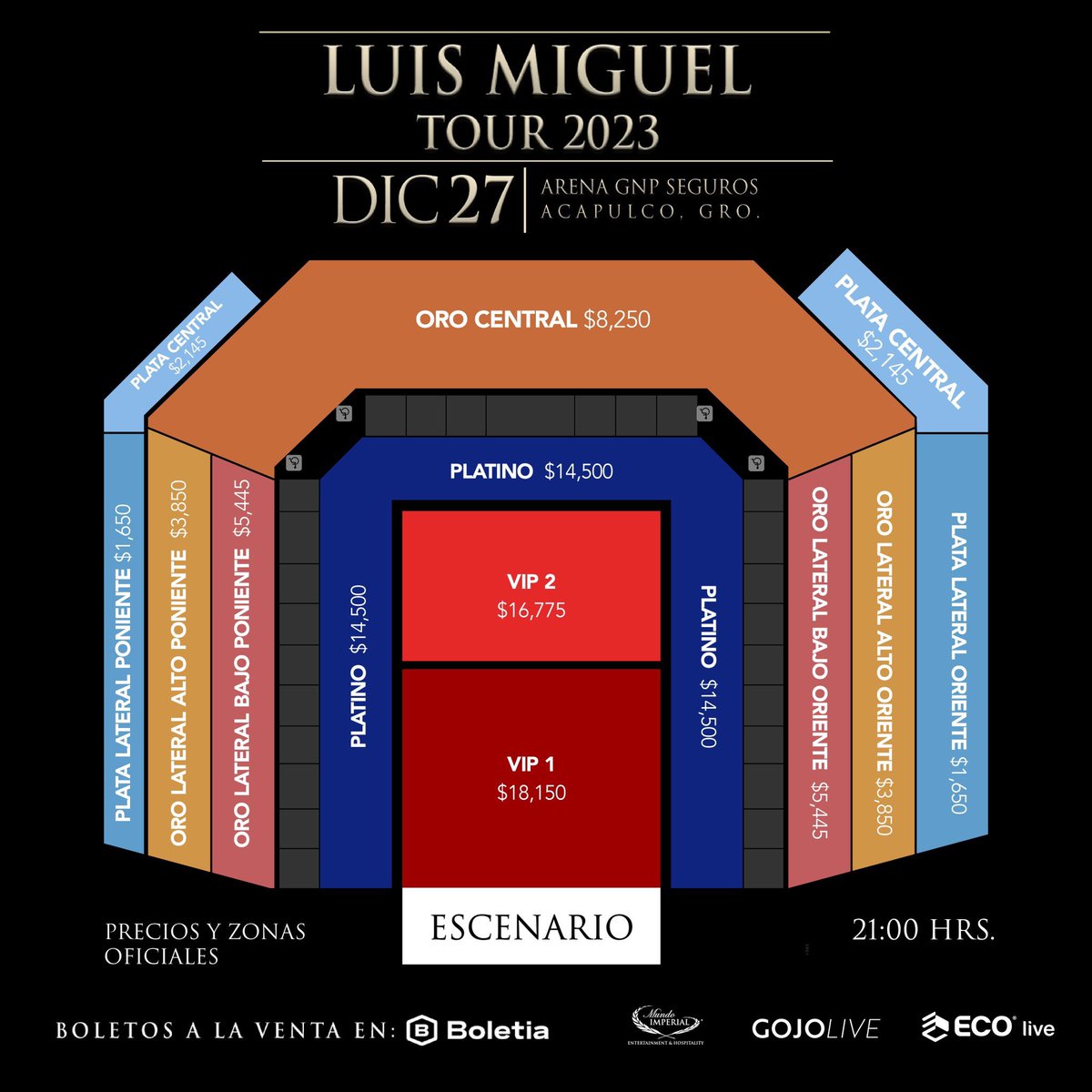 ailoviutl's tweet photo. 🚨 PRECIOS DE BOLETOS OFICIALES 🚨

Luis Miguel ☀️ Tour 2023 🎙️ México 🇲🇽 
27 de Diciembre 🗓️
Arena GNP 🏟️
Acapulco, Guerrero📍

💳 Fechas de Preventa 💳

Exclusiva Santander: 22 y 23 Agosto

Boletera: Boletia 

🎟️ Precios de Boletos 🎟️

VIP 1 $18,150
VIP 2 $16,775 
PLATINO $14,500
ORO CENTRAL $8,250
ORO LATERAL BAJO (ORIENTE/PONIENTE) $5,445
ORO LATERAL ALTO $3,850
PLATA CENTRAL $2,145
PLATA LATERAL $1,650

#LuisMiguel #LuisMiguelTour2023 #LuisMiguelTour