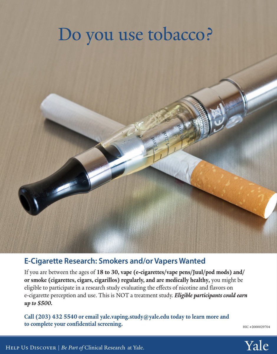 Yale researchers are recruiting smokers and vapers (ages 18-30) for a research study about e-cigarettes. Eligible participants will be compensated up to $500. For more information, call 203-432-5540, email: yale.vaping.study@yale.edu. This is not a treatment study.