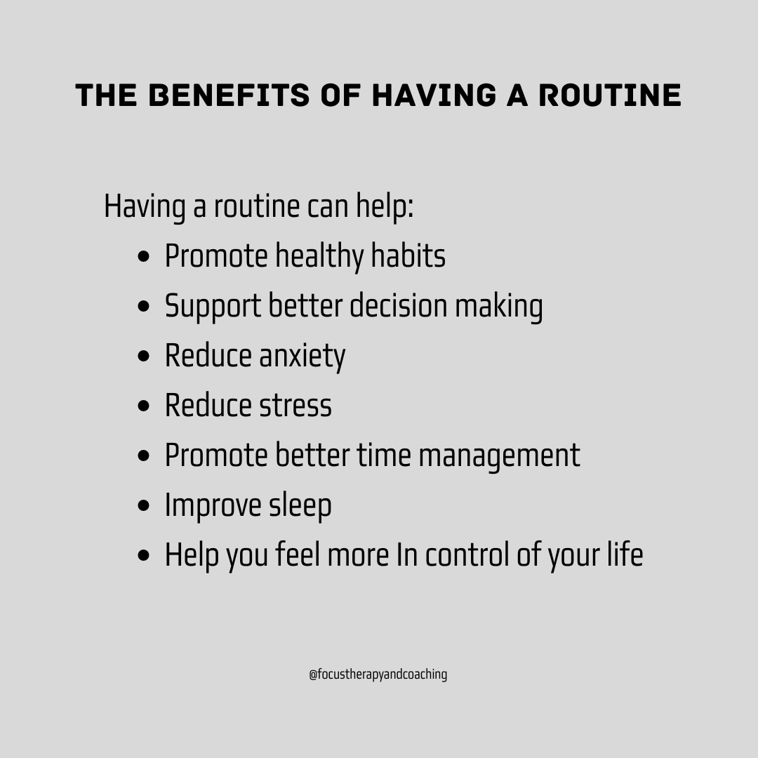 Focus Therapy & Performance Coaching (@therapyfocus) on Twitter photo If you don't already having one, it could be helpful to establish a daily routine for yourself. Here are a few of the benefits of having a set routine for yourself!
#focustherapyandperformancecoaching #mentalhealth #therapy #sportspsychology #performancecoaching If you don't already having one, it could be helpful to establish a daily routine for yourself. Here are a few of the benefits of having a set routine for yourself!
#focustherapyandperformancecoaching #mentalhealth #therapy #sportspsychology #performancecoaching