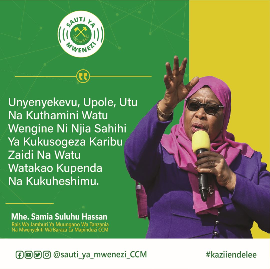 hopnewstz's tweet photo. "Unyenyekevu, Upole, Utu na Kuthamini watu wengine ni njia sahihi ya kukusogeza karobu zaidi na watu watakaokupenda na kukuheshimu"

Mhe. Rais @SuluhuSamia 
#SautiYaMweneziCCM
@sophiamjema1 https://t.co/mpikRcyUEG