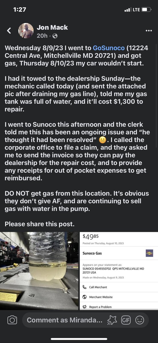 Mirandom88's tweet photo. The Sunoco in Mitchellville is filling ppls tanks with water https://t.co/ARobXWb97q