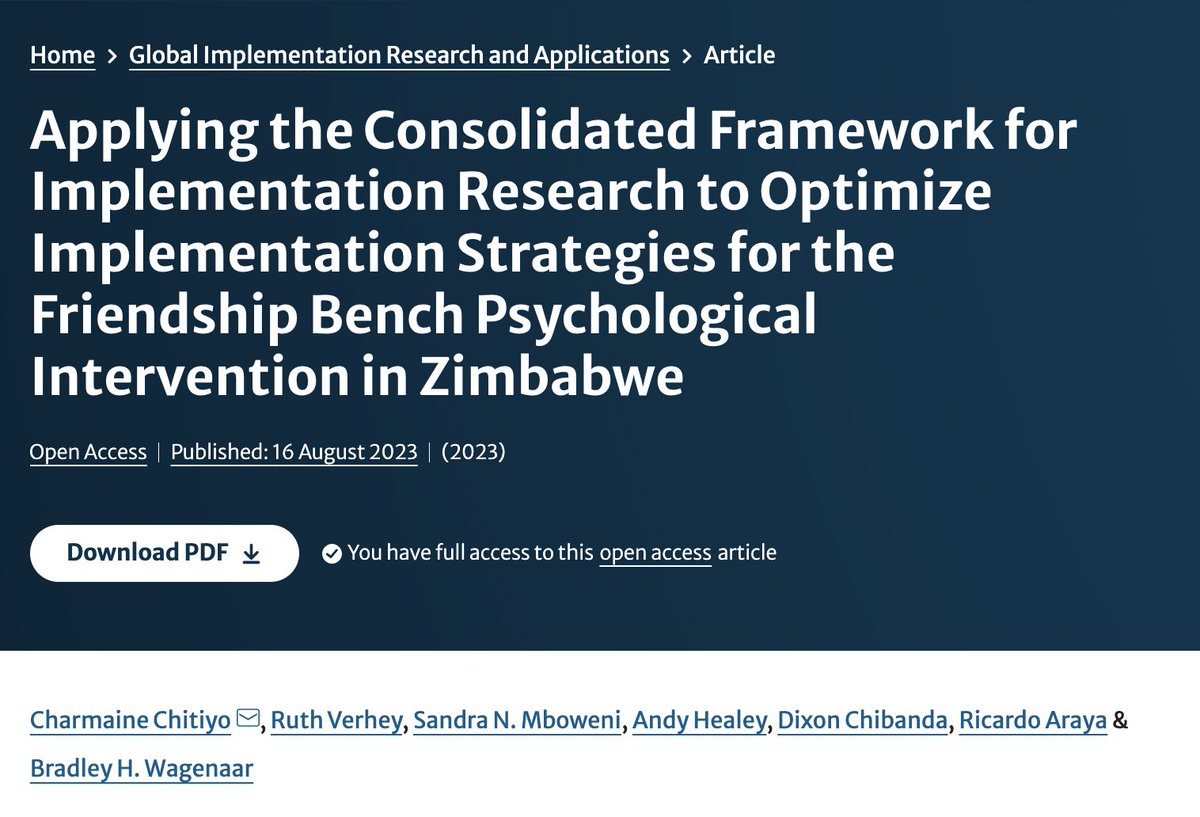 Published, OPEN ACCESS 🎉 in Springer Link, congratulations researchers!

'Applying the Consolidated Framework for #ImplementationResearch to Optimize #ImplementationStrategies for the Friendship Bench Psychological Intervention in Zimbabwe'

🔎 link.springer.com/article/10.100…