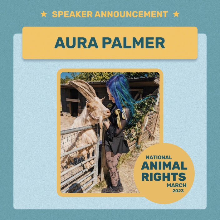 NARM_UK's tweet photo. New speaker announcement! The amazing, vegan-gem Auralite Palmer will be speaking @ the National Animal Rights March 2023!
Aura's a vegan activist and artist. She's 19 and has been vegan her whole life. She does street activism and works with many animal rights groups in london. https://t.co/5maQkjvvV9