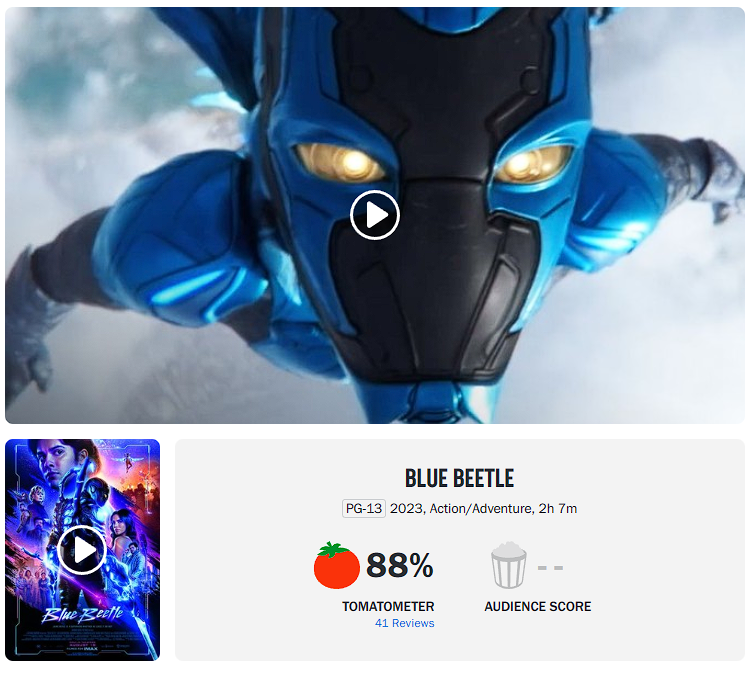 Soag_En's tweet photo. From 41 reviews, Blue Beetle has a debut Rotten Tomatoes score of 88%. https://t.co/lj0EB8UJIU
