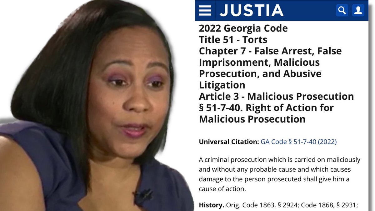 HERE IT IS. GA code allows Trump and the 18 defendants to SUE @FaniforDA for Malicious Prosecution and Abusive Litigation. law.justia.com/codes/georgia/… @OANN