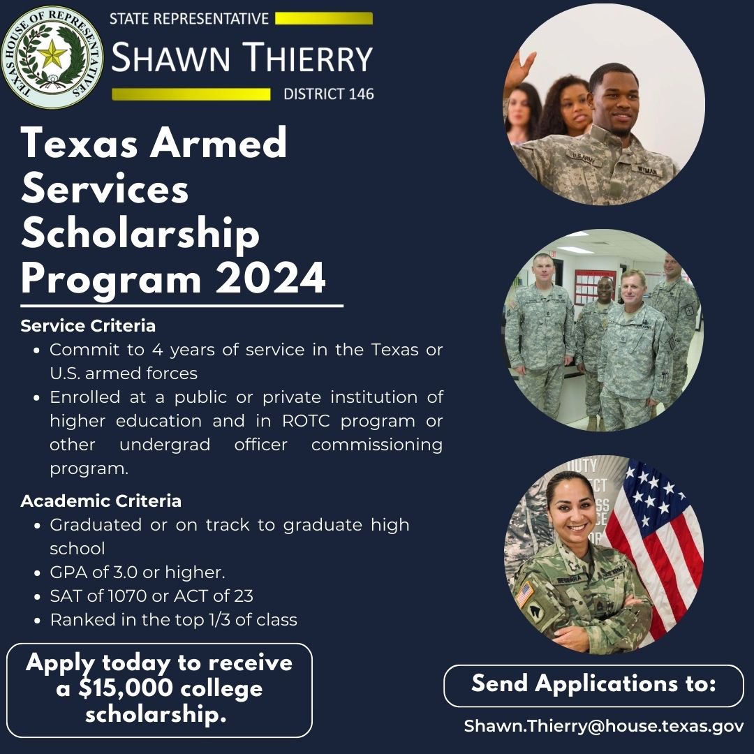 📣EXTRA EXTRA 📣 We're calling all future leaders & patriots! Rep @ShawnieT146 is excited to select an HD146 student to receive a $15,0000 academic scholarship from TASSP! 🇺🇸🎓 Applications accepted until August 29th‼️ Tag a friend who's destined for 🌟greatness! ✈️🚢👨🏽‍🚀💯 #txlege