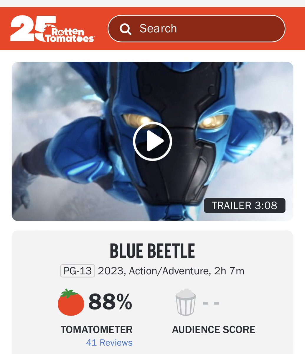 GeekCamaraAcc's tweet photo. #BLUEBEETLE debuta con una calificación de 88% de aprobación en Rotten Tomatoes. 

Con 41 reseñas al momento, la nueva película de DC al menos por parte de la crítica comienza positivamente. https://t.co/Q6G7k2bXA1