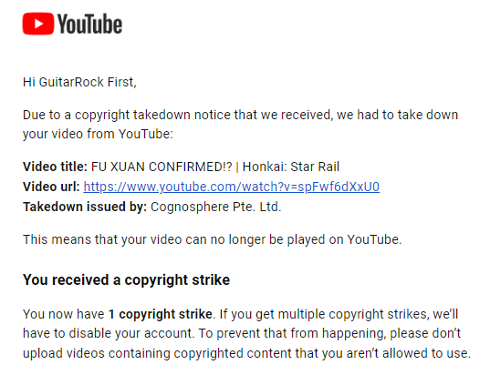 GuitarRock69's tweet photo. Hello @honkaistarrail I got a copyright STRIKE earlier today regarding a video I did back in July about Fu Xuan. The said video contains no leaks or unreleased info at all, all the info was released on Hoyolab/Twitter page already before the video was made. https://t.co/8ifK0eFPba