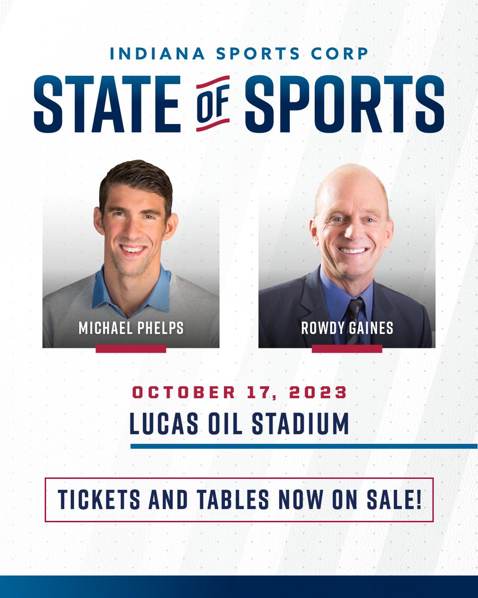 Join us on Oct. 17 at <a href="/LucasOilStadium/">Lucas Oil Stadium</a> for the 2023 State of Sports as we honor Pathfinder Award recipient <a href="/MichaelPhelps/">Michael Phelps</a>, along with Inspiring Sports Storyteller Award recipient <a href="/RowdyGaines/">Rowdy Gaines</a>.

Secure your spot below! ⤵️
eventbrite.com/e/2023-state-o…