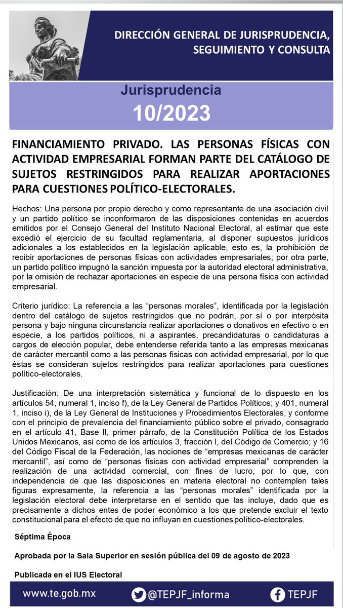TEPJF_informa's tweet photo. ⚖️Jurisprudencia 10/2023

Financiamiento privado. Las personas físicas con actividad empresarial forman parte del catálogo de sujetos restringidos para realizar aportaciones para cuestiones político - electorales.

📄Consúltala en el #IUSElectoral: https://t.co/uhyoMidNhB https://t.co/gkNd5sS0JQ