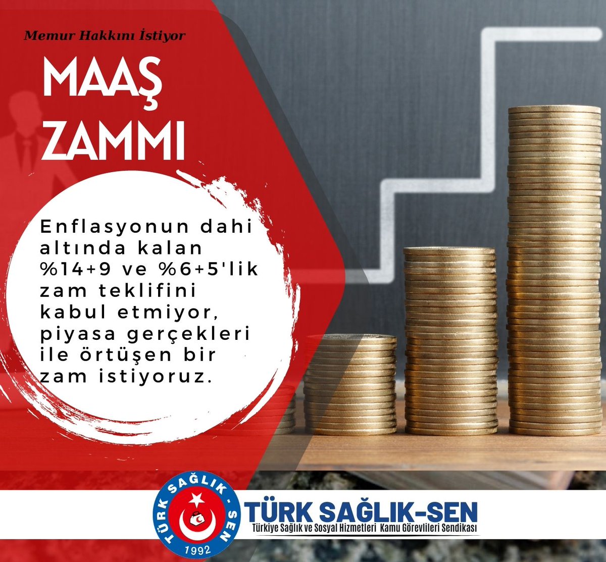 #MemurHakkınıİstiyor 
Enflasyonun dahi altında kalan %14+9 ve %6+5'lik zam teklifini kabul etmiyor, piyasa gerçekleri ile örtüşen bir zam istiyoruz.