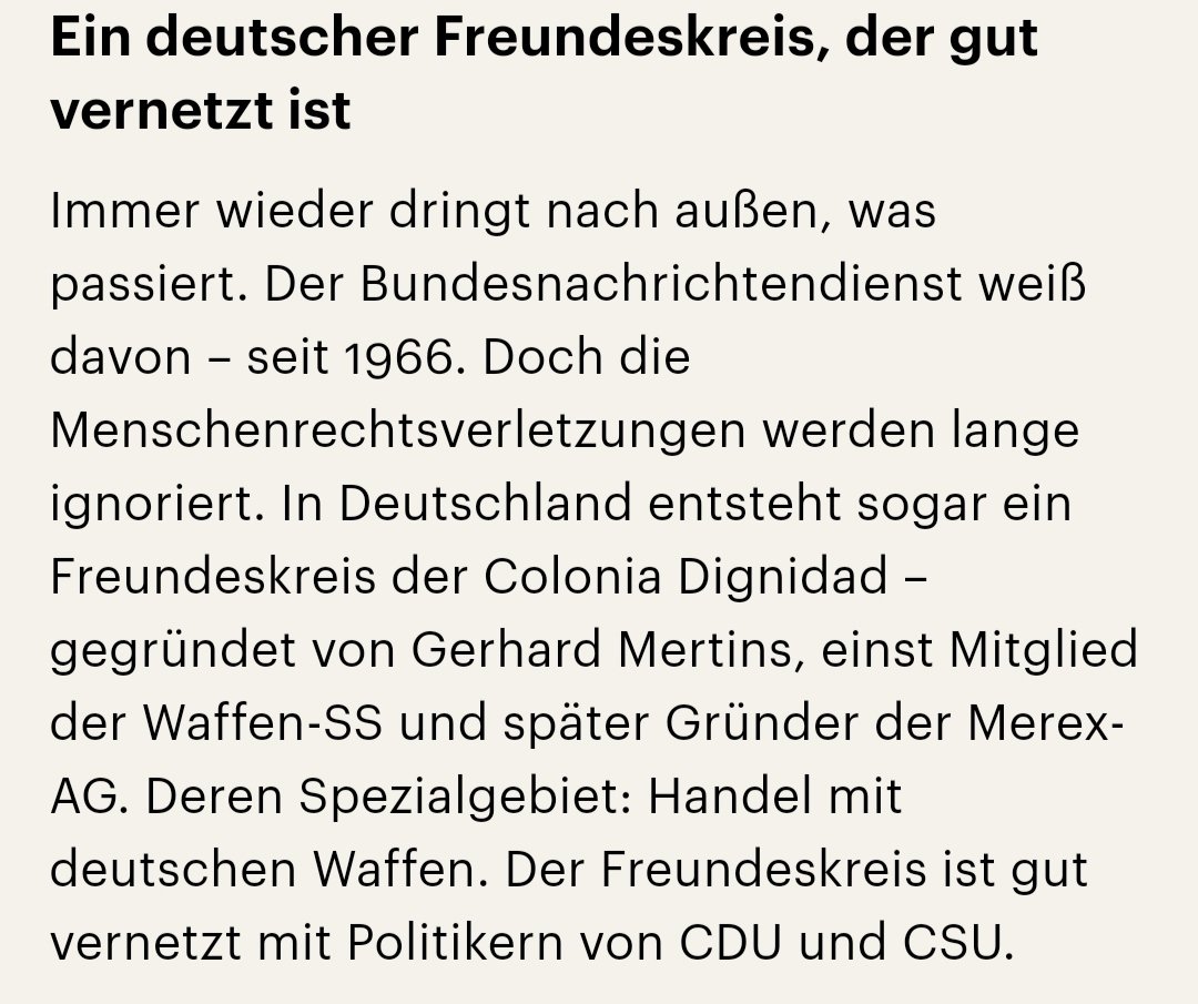 Wundert mich echt null, dass die CDU/CSU Freunde der colonia dignidad waren und damals sogar in Chile waren, um die Freundschaft weiter zu pflegen
