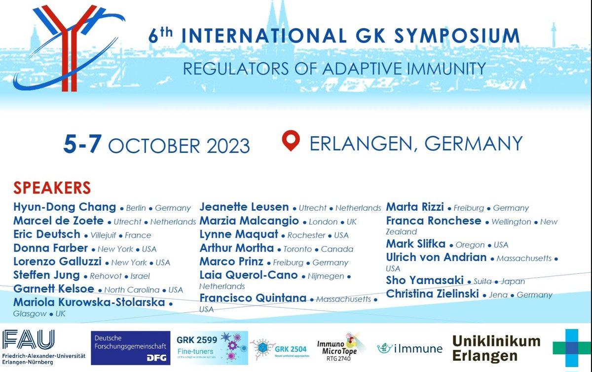Registration is currently open for the upcoming 6th International GK Symposium.

Topics: Innate/adaptive immunity, inflammation, and vaccinology.

Register and learn more: (gk-symposium.de/symposium2023/…)

Registration deadline: 17/09/2023

See you in Erlangen! 🥳🥳🥳