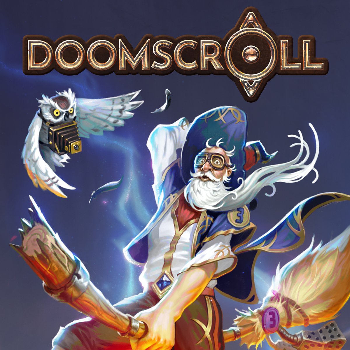 OwlghostStudios's tweet photo. Merlin the Magician is giving magic broom racing a try as well and making a documentary of his adventures!

Our Newest card for DOOMSCROLL @GameStormEDU  by @Egoraptor3000 @owlghoststudios 

#tabletopgaming #boardgames #gamedev #digitalart https://t.co/kFmZFA8ry3