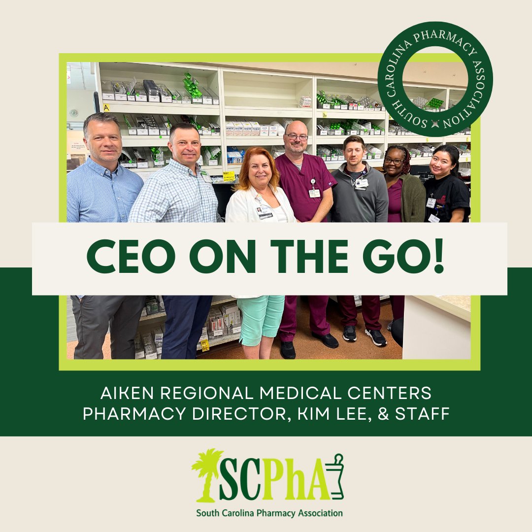 yourSCPhA's tweet image. Check out our #CEOontheGO! Brian Clark had the opportunity to visit with the Pharmacist Director, Kim Lee, and her staff from the Aiken Regional Medical Centers! Thank you for having us! #ForAllofPharmacy #ForAllofSouthCarolina

#HospitalPharmacy #SCPhA #Pharmacist #OneVoice