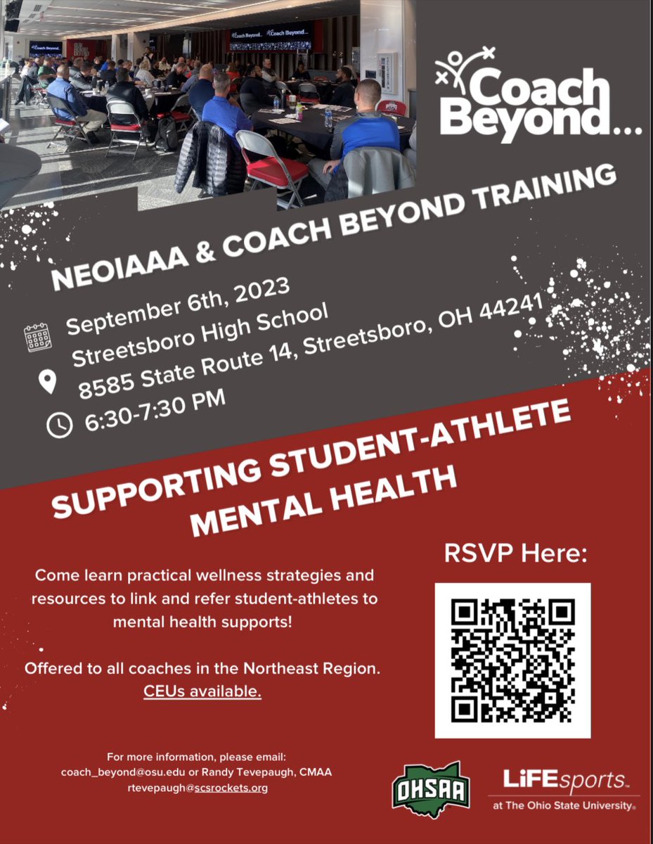 Check out our Mental Health & Student-Athletes Coaches Training taking place at Streetsboro and @1RocketAD1