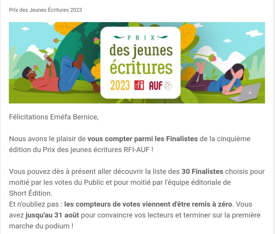 🥁🥁🥁🥁🥁🥁🥁🥁🥁🥁🥁🥁❤️❤️❤️😭😍❤️❤️😍🤩❤️❤️❤️
Hello #TgTwittos ❤️

Ça y est🤩🤩, Je suis *en finale du Prix Jeunes Écritures RFI-AUF 2023*.

Je ne puis transcrire mes émotions😭😭😭. Juste dire merci à tous pour le soutien. 

🔥Allez!!On reprend les votes!✌️🌟

Go go go🔥🔥🔥