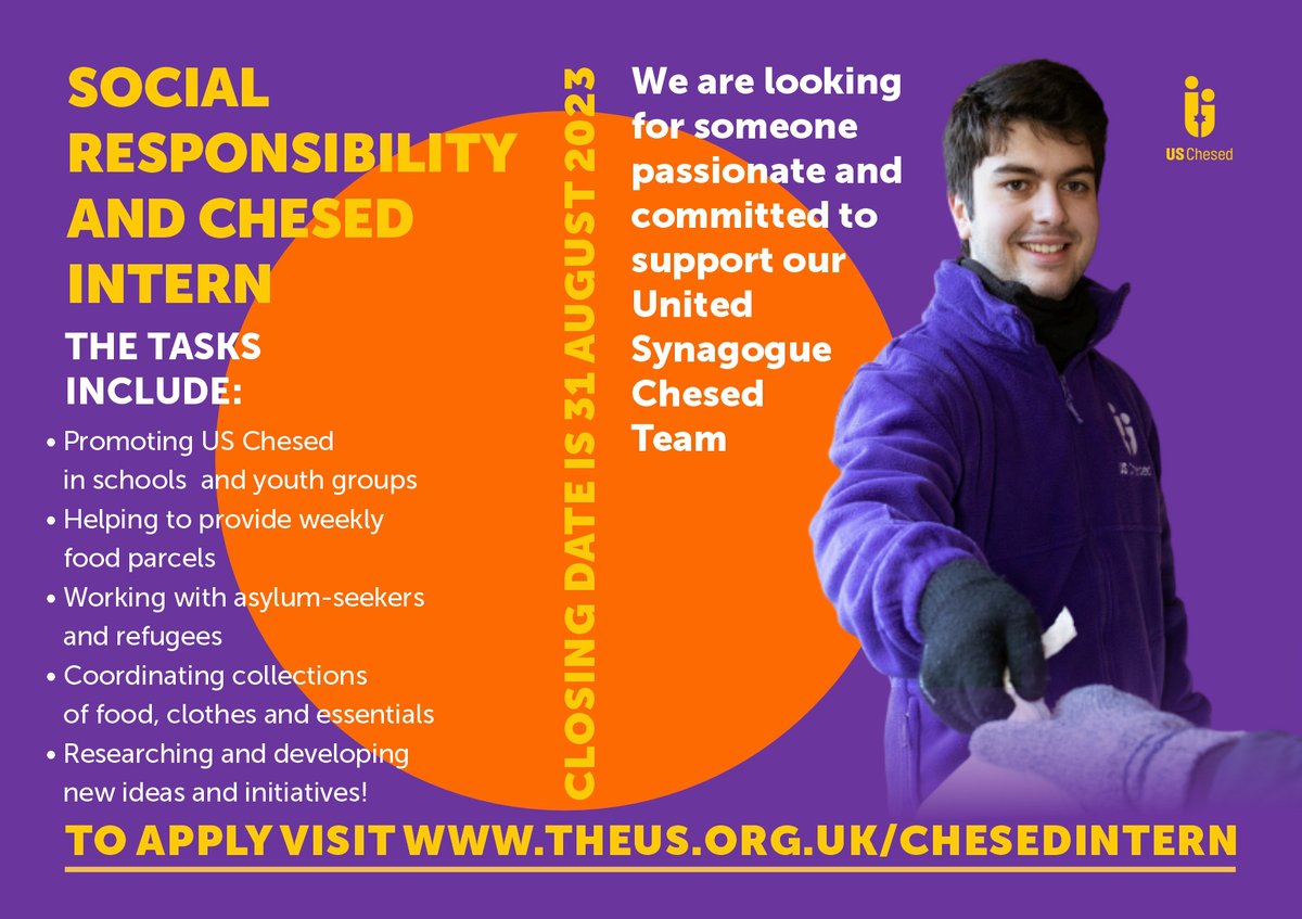 New job alert! We are looking for a team player with a passion for Chesed to support our United Synagogue Chesed team by promoting US Chesed in schools and youth groups, helping to provide weekly food parcels, working with asylum seekers and refugees, and more. If you'd like to…